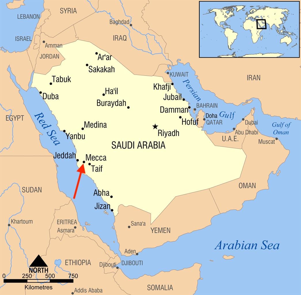 Mecca (مكة المكرمة) على خريطة المملكة العربية السعودية